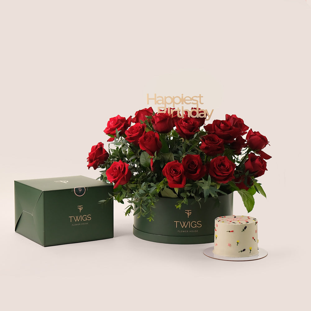 Grande Red Round Box Birthday Bliss – Roses & Cake Bundle– A Luxurious Gift for Memorable Celebrations