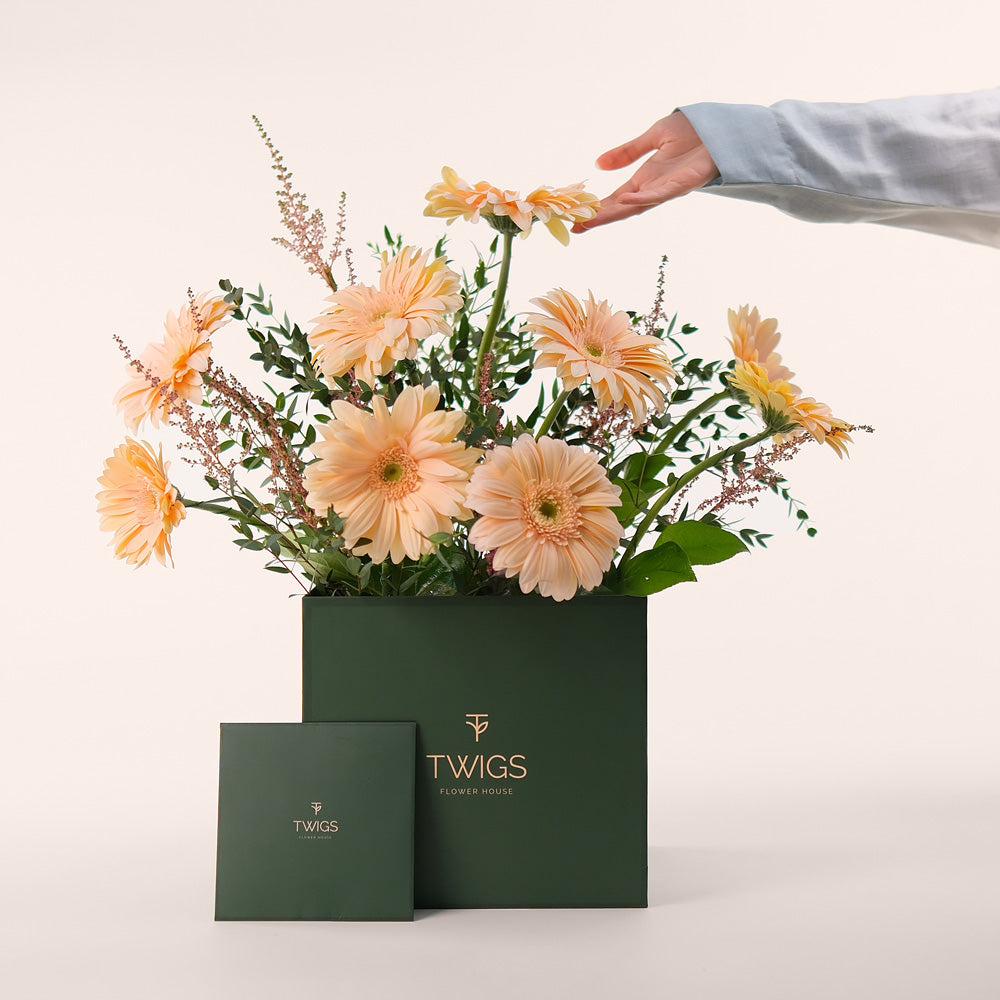 Peach Serenity – Gerbera & Astilbe Cube Box – A Subtle and Elegant Floral Masterpiece