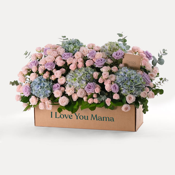 MOTHER'S DAY GARDEN BOX  WITH  SPRAY ROSE & HYDRANGEA FLOWERS ARRANGEMENT