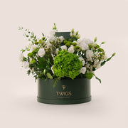 White & Green Blooms in Grande Round Box - Lisianthus & Hydrangea – A Grande Elegance