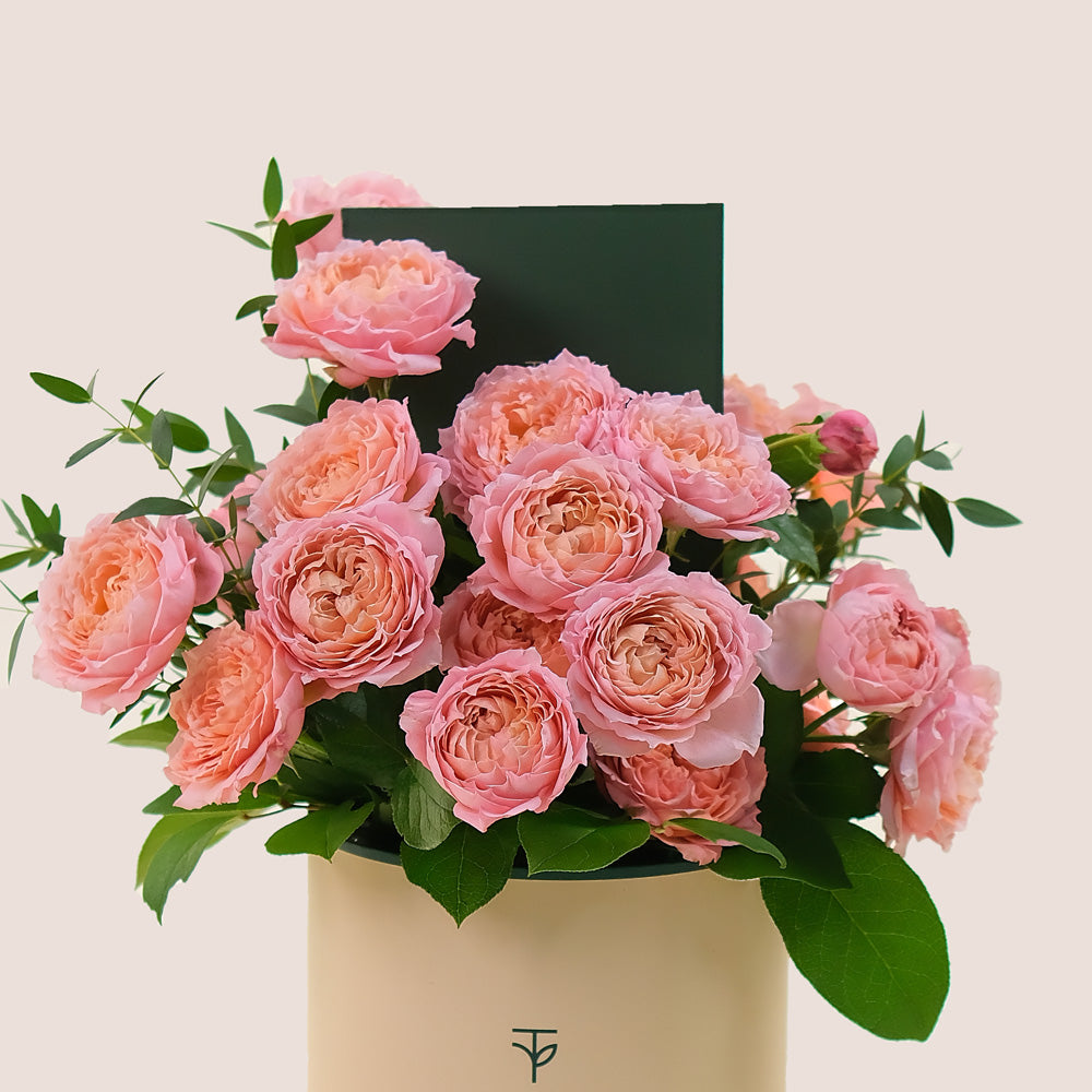 Juliet Peach Spray Roses in TWIGS Deluxe Round Flower Box – Soft Elegance in a Luxury Gift Box