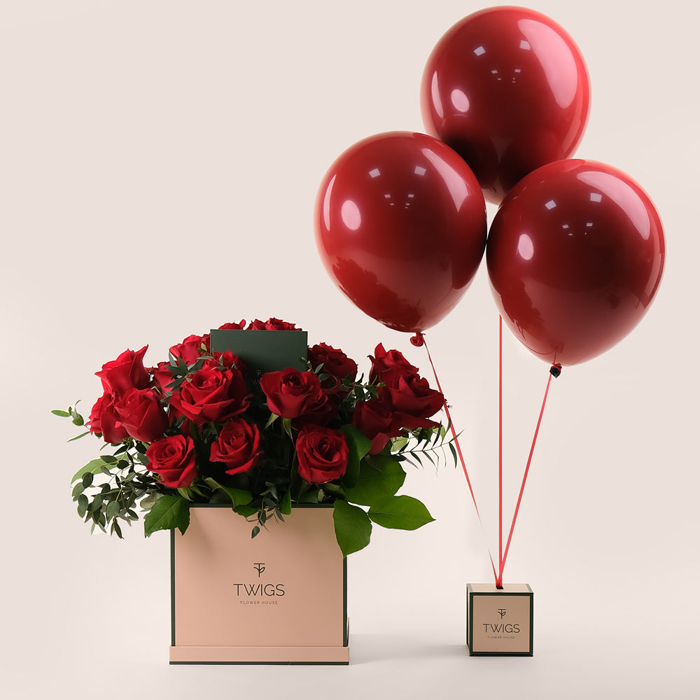 Very Red Flowers & Balloons Bundle – Elegant Celebration Gift– A Luxurious Gift for Special Occasions