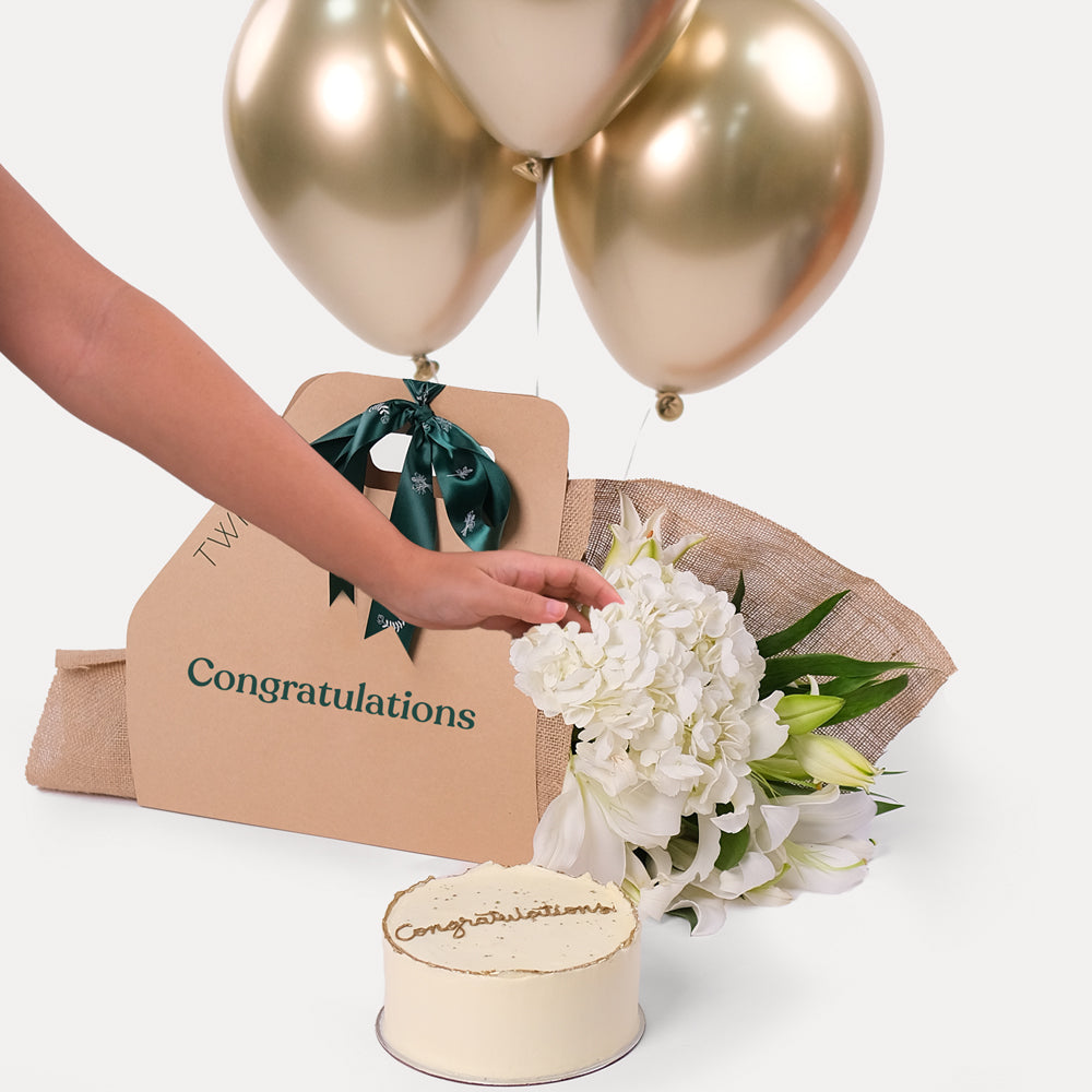 Congratulations TWIGS White flowers Bunch And Cake Combo