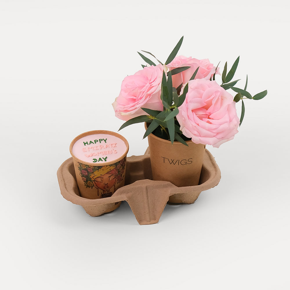 EMIRATI WOMEN'S DAY CHOCOLATE CUP CAKE  WITH  SPECIAL PINK ROSE FLOWER ARRANGEMENT