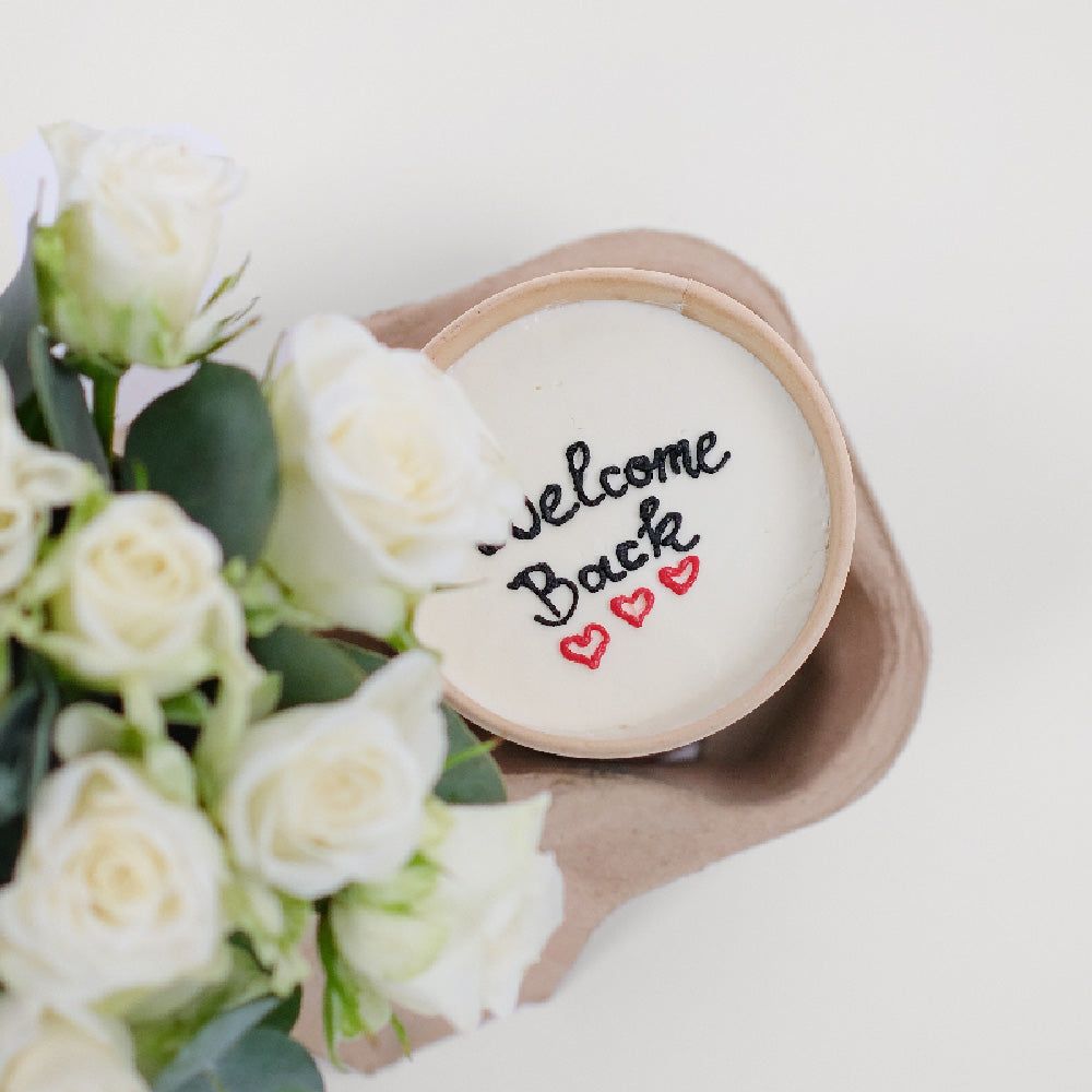 Welcome Back Vanilla & Chocolate Cup Cake & White Spray Roses Flowers Combo