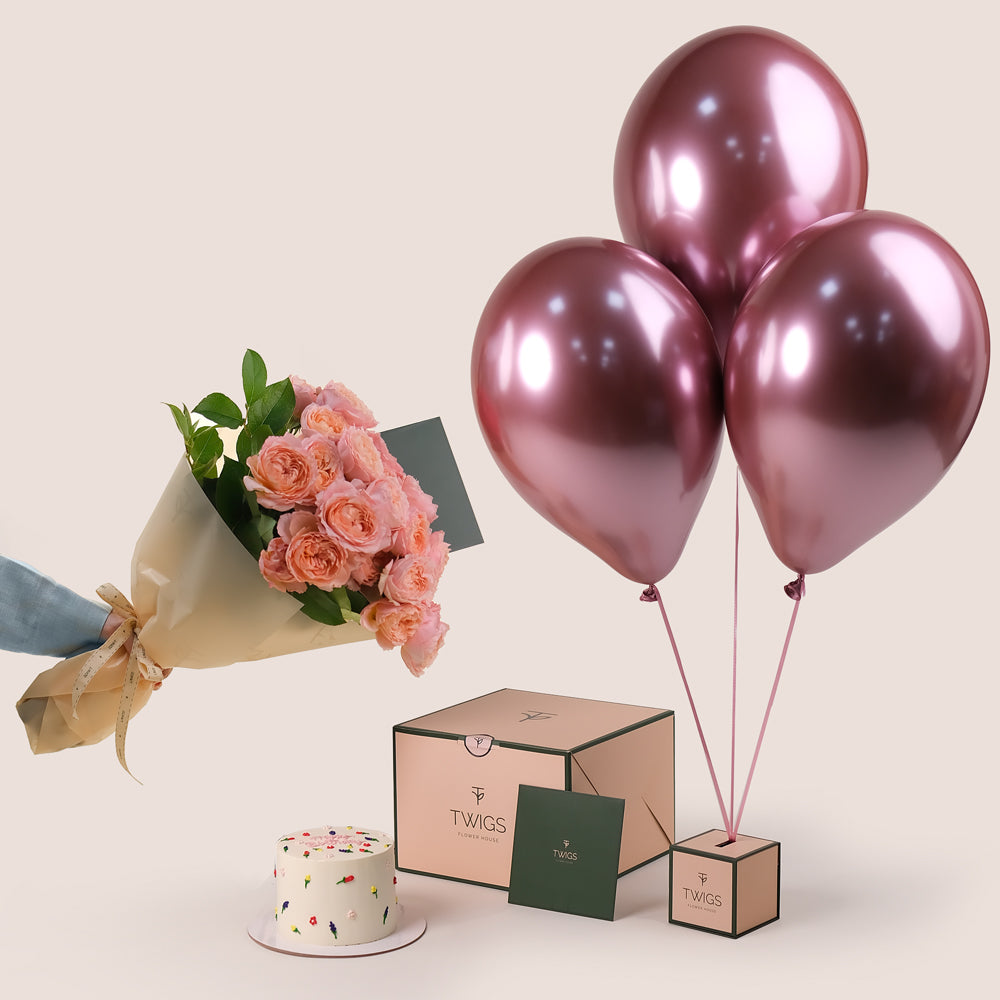 Juliet Peach Birthday Cone – Flowers, Cake & Balloons – A Chic & Joyful Celebration Set