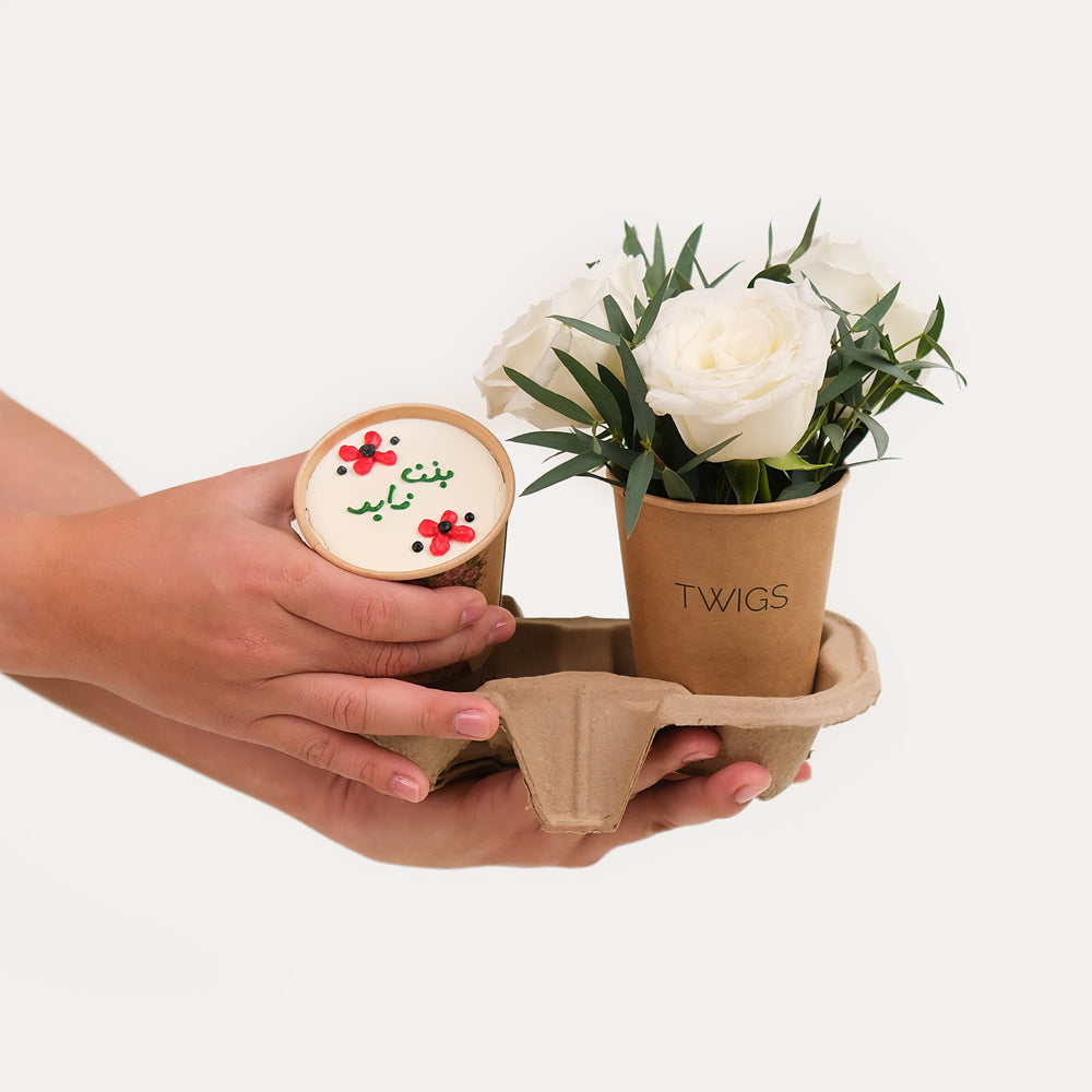 EMIRATI WOMEN'S DAY CHOCOLATE CUP CAKE  WITH  SPECIAL WHITE  ROSE FLOWER ARRANGEMENT