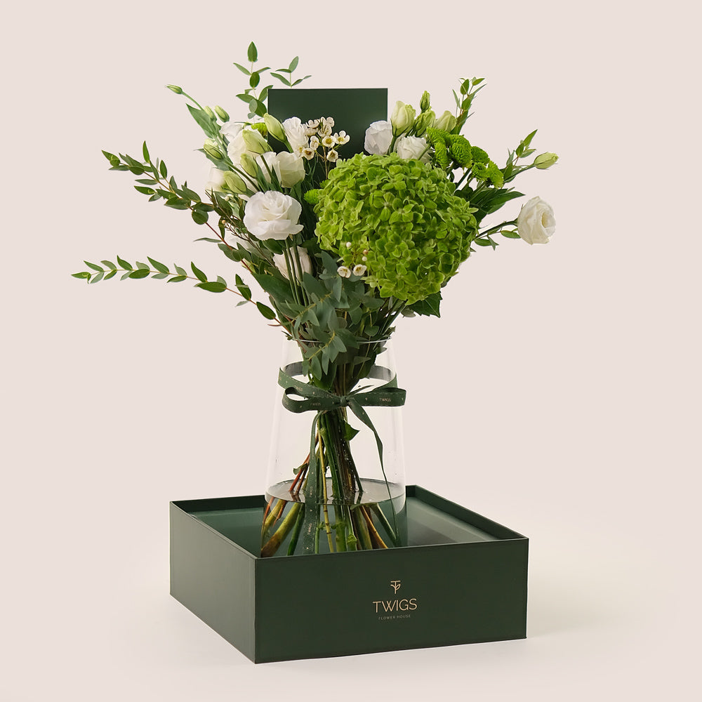 White Flowers & Green Blooms – Timeless Elegance in a Tall Vase