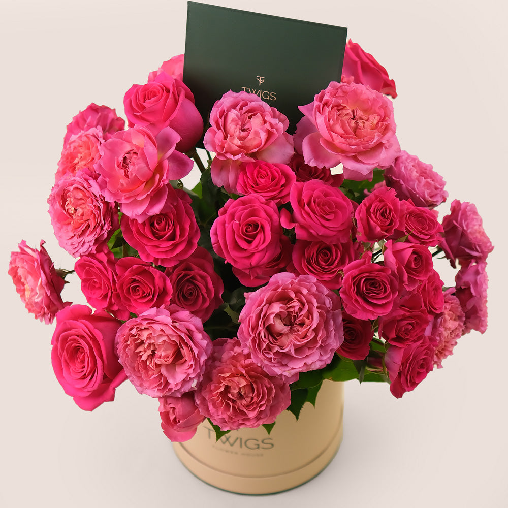 Fuchsia Charm Flower Box – Juliet Cerise & Spray Roses in Deluxe Round Box