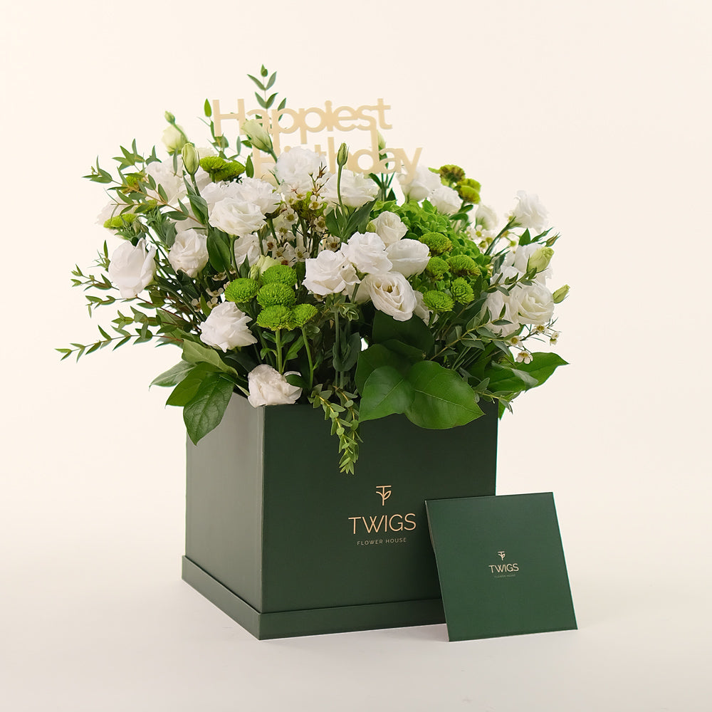 Elegant Flower Box with White Lisianthus & Green Blooms– A Refreshing Display of Elegance