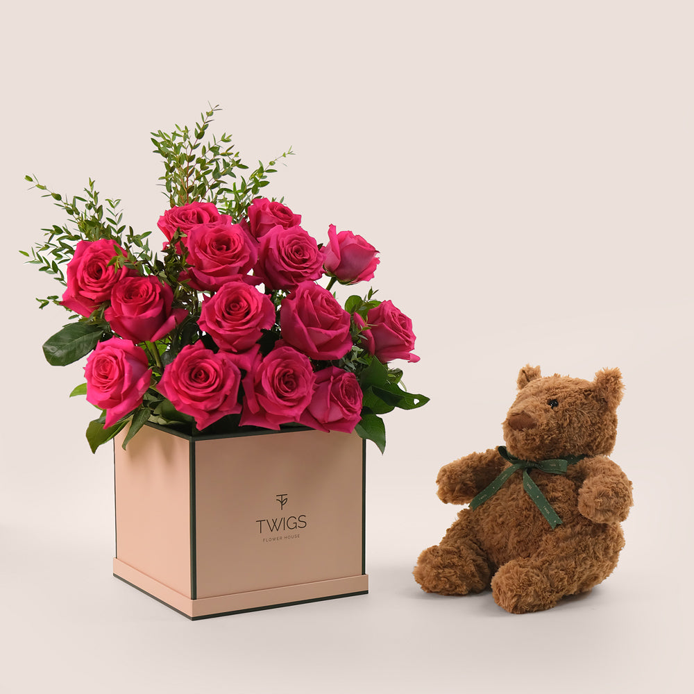 Fuchsia Birthday Joy Bundle –  Flowers & Teddy Bear – A Thoughtful, Luxurious Gift