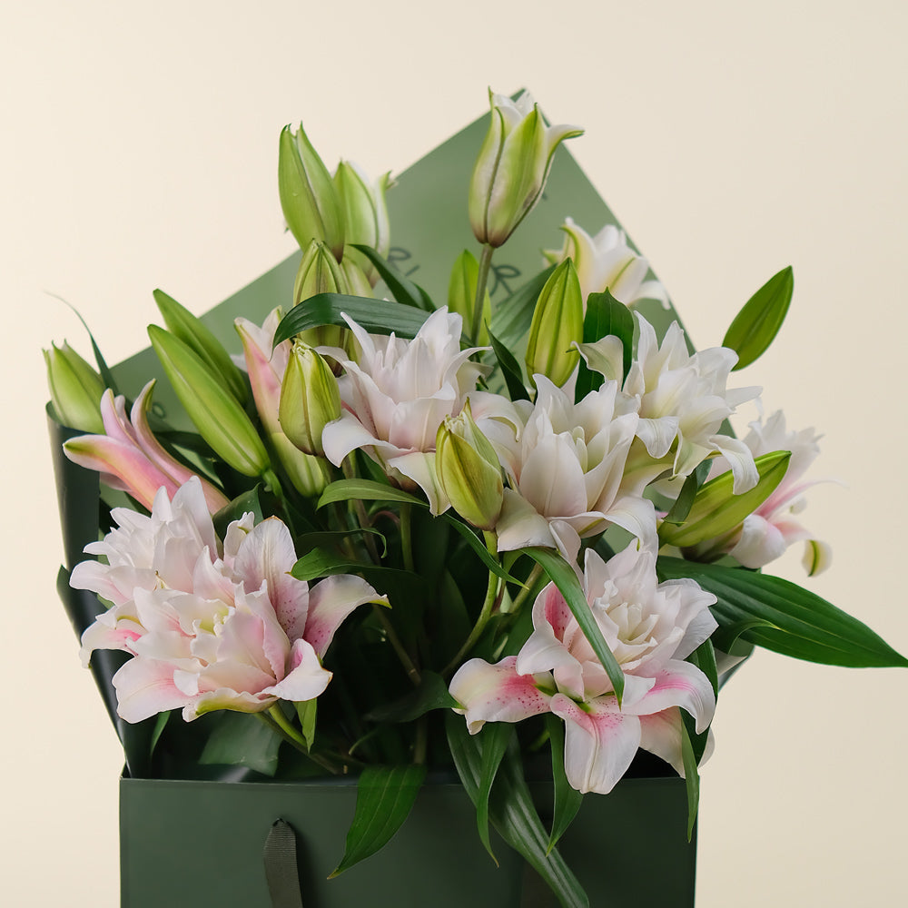 Lily Grace Flower Bouquet – Double Petalled Lilies in TWIGS Carry Bag