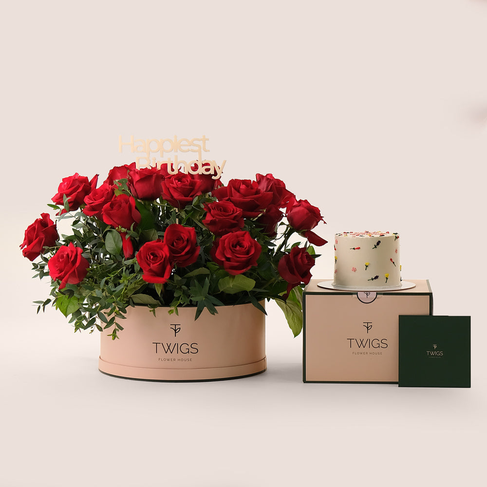 Grande Red Round Box Birthday Bliss – Roses & Cake Bundle– A Luxurious Gift for Memorable Celebrations