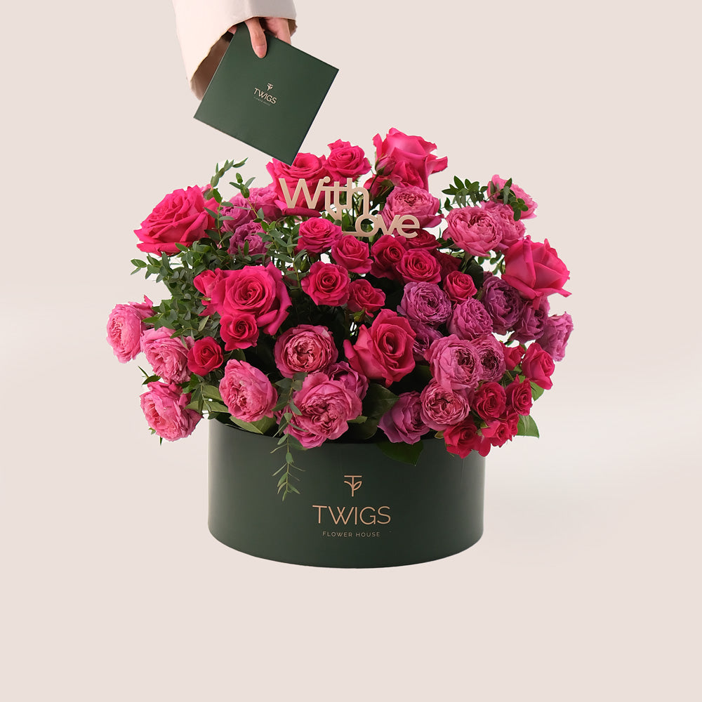 Grande Hot Pink Roses Round Box  TWIGS – A Stunning Gesture of Love and Elegance