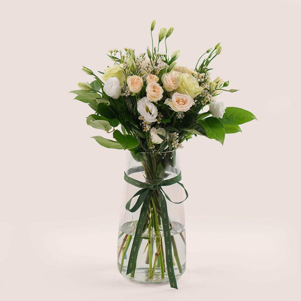 Pastel Floral Mix in a Tall Glass Vase – Timeless Elegance with a Modern Touch