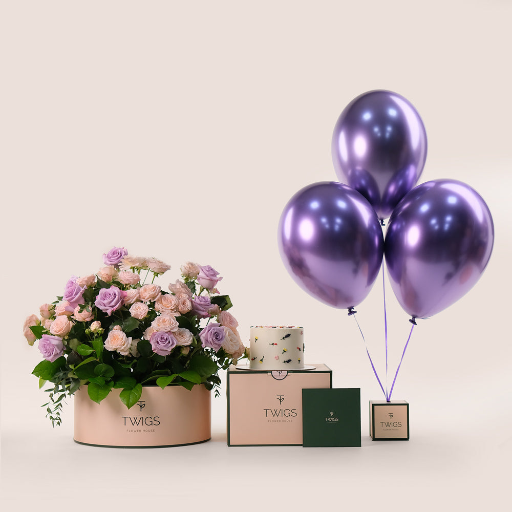 Grande Birthday Flowers Round Box – Cake & Balloons Bundle – A Luxurious Celebration of Blooms, Flavor, and Festivity