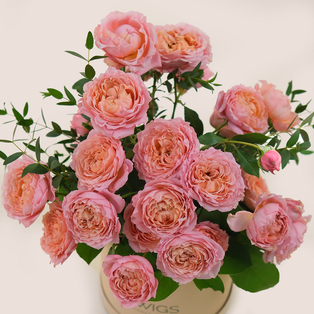 Juliet Peach Spray Roses in TWIGS Deluxe Round Flower Box – Soft Elegance in a Luxury Gift Box