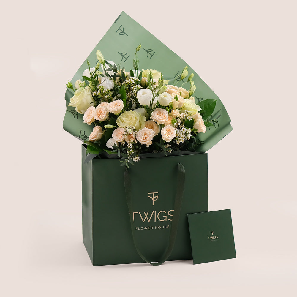 Pastel Mixed Flower Bouquet – Subtle Elegance in Our Signature TWIGS Bag