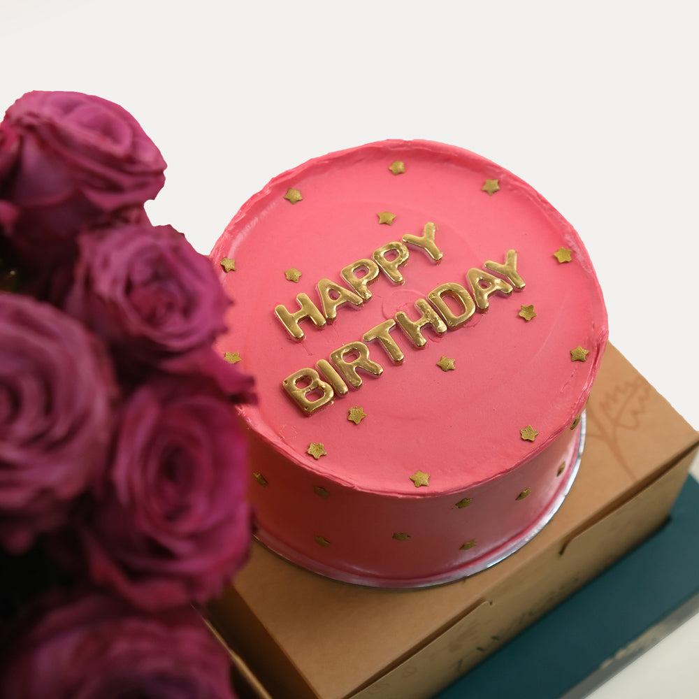 Happy Birthday Flowers and Cake tray combo Blue berry roses