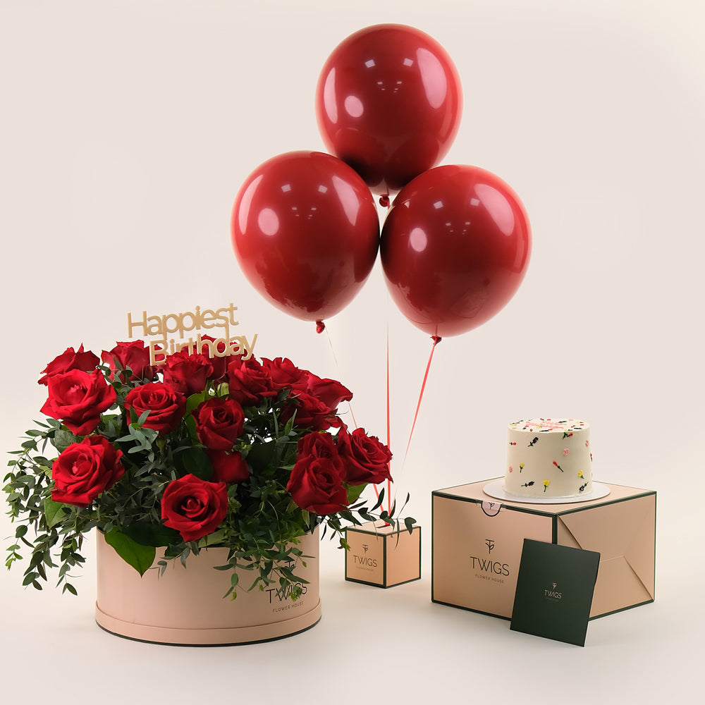 Grande Red Round Box Elegance Birthday Bundle – Roses, Cake & Balloons– A Luxurious Full Celebration Gift