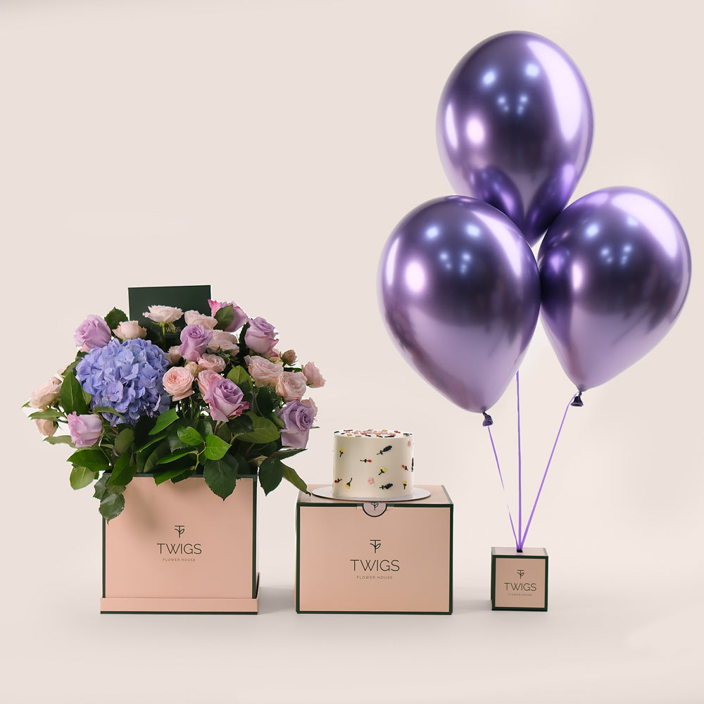 Pastel Celebration – Cube Box, Cake & Balloons Bundle – A Luxurious Trio of Beauty, Flavor, and Festivity