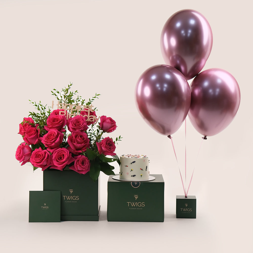 Fuchsia Birthday Celebration Bundle – Roses, Cake & Balloons– The Most Luxurious Full Experience