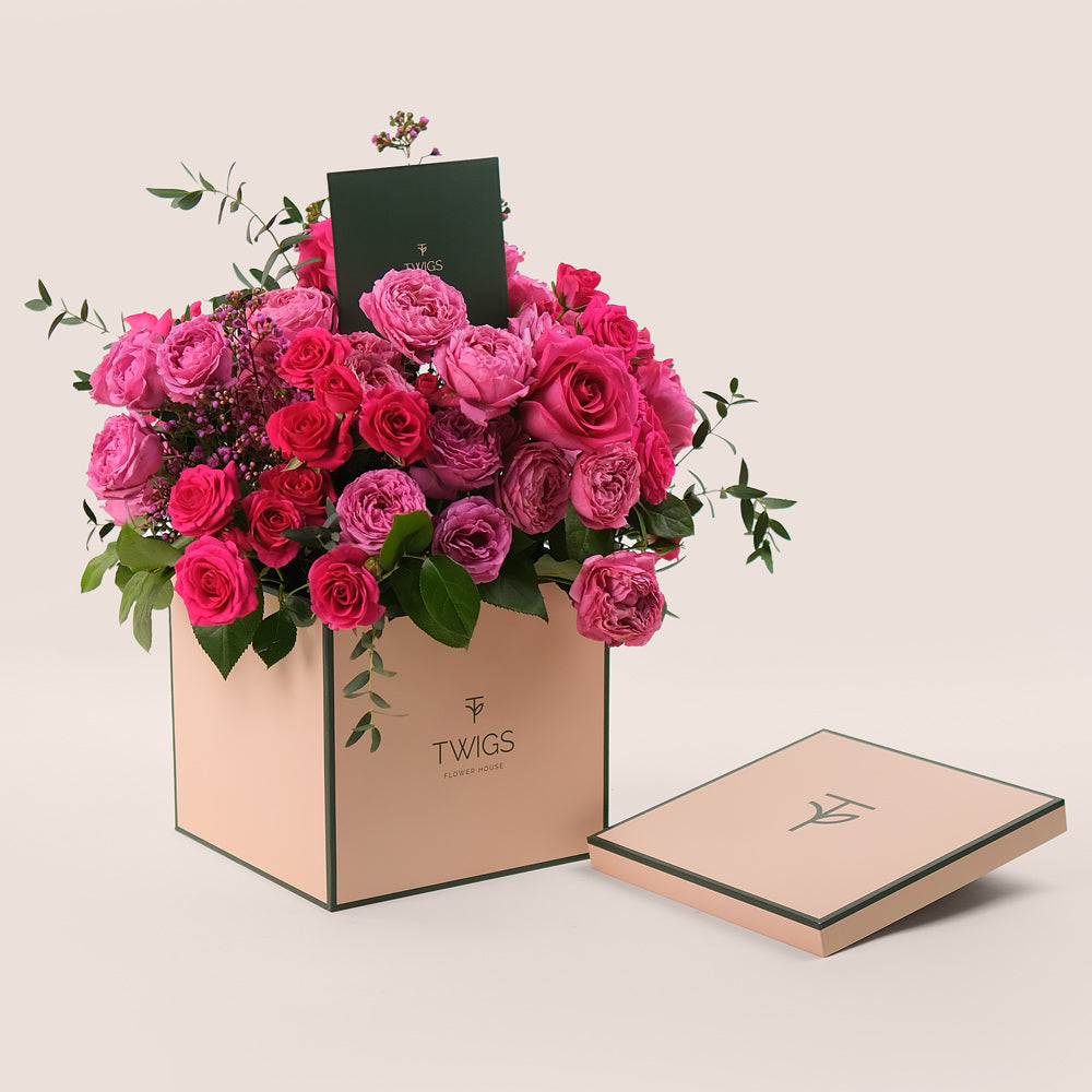 Fuchsia Delight – Square Box Bouquet of Fuchsia & Pink Roses