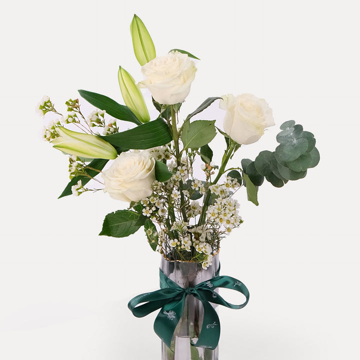 Roses White and Lilies with Wax Flowers Arrangement in Vase