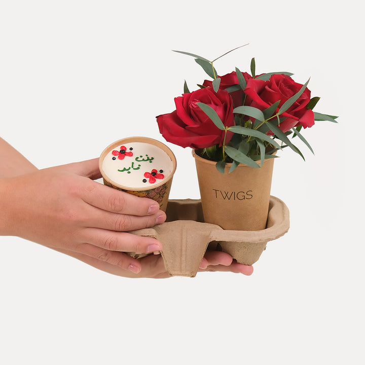 EMIRATI WOMEN'S DAY CHOCOLATE CUP CAKE  WITH  SPECIAL RED  ROSE FLOWER ARRANGEMENT