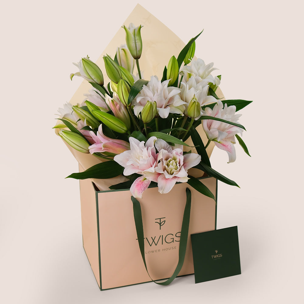 Lily Grace Flower Bouquet – Double Petalled Lilies in TWIGS Carry Bag