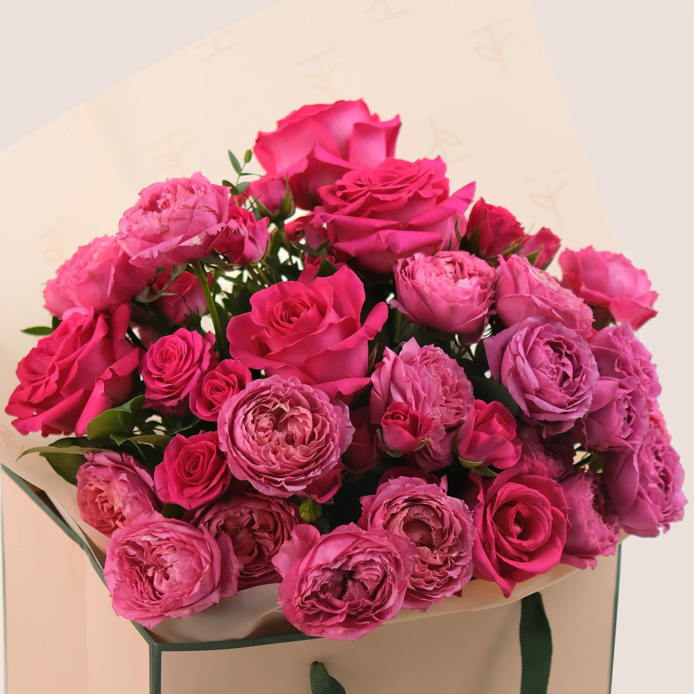 Juliet Cerise & Pink Floyd Roses – Hand Bouquet – A Bold and Elegant Flower Gift