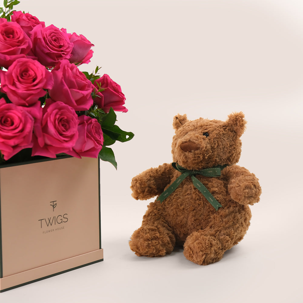 Fuchsia Birthday Joy Bundle –  Flowers & Teddy Bear – A Thoughtful, Luxurious Gift