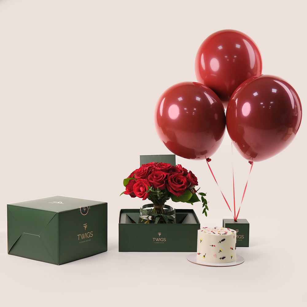 Petite Red Celebration – Roses, Cake & Balloons– A Luxurious Full Experience for Special Occasions