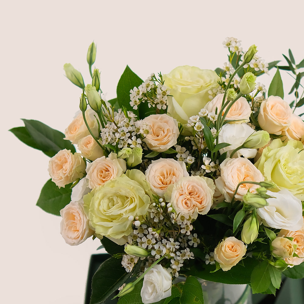 Pastel Floral Mix in a Tall Glass Vase – Timeless Elegance with a Modern Touch