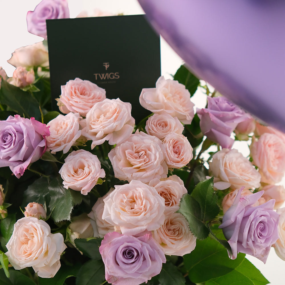 Elegant Lavender Delight Grande Round Box – Roses & Balloons Bundle - A Perfect Gifting Experience for Every Occasion