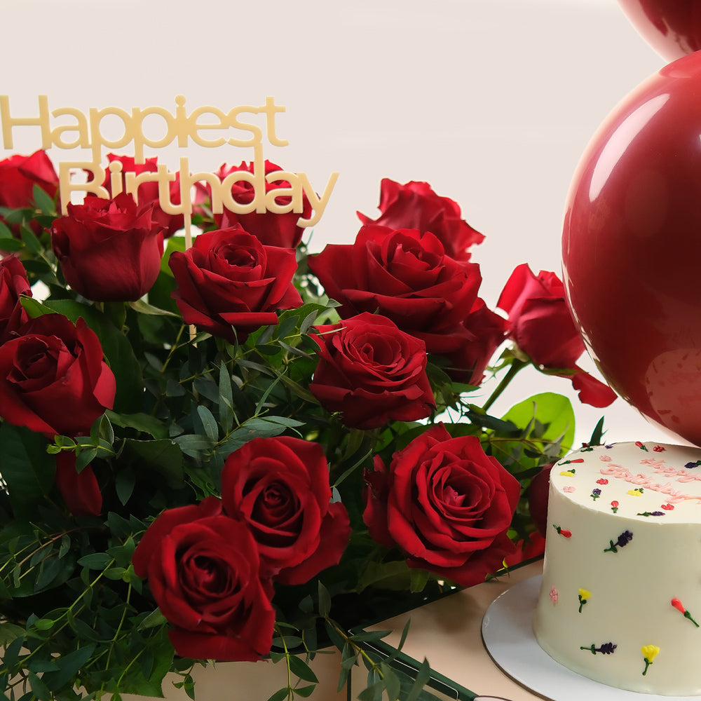 Grande Red Round Box Elegance Birthday Bundle – Roses, Cake & Balloons– A Luxurious Full Celebration Gift