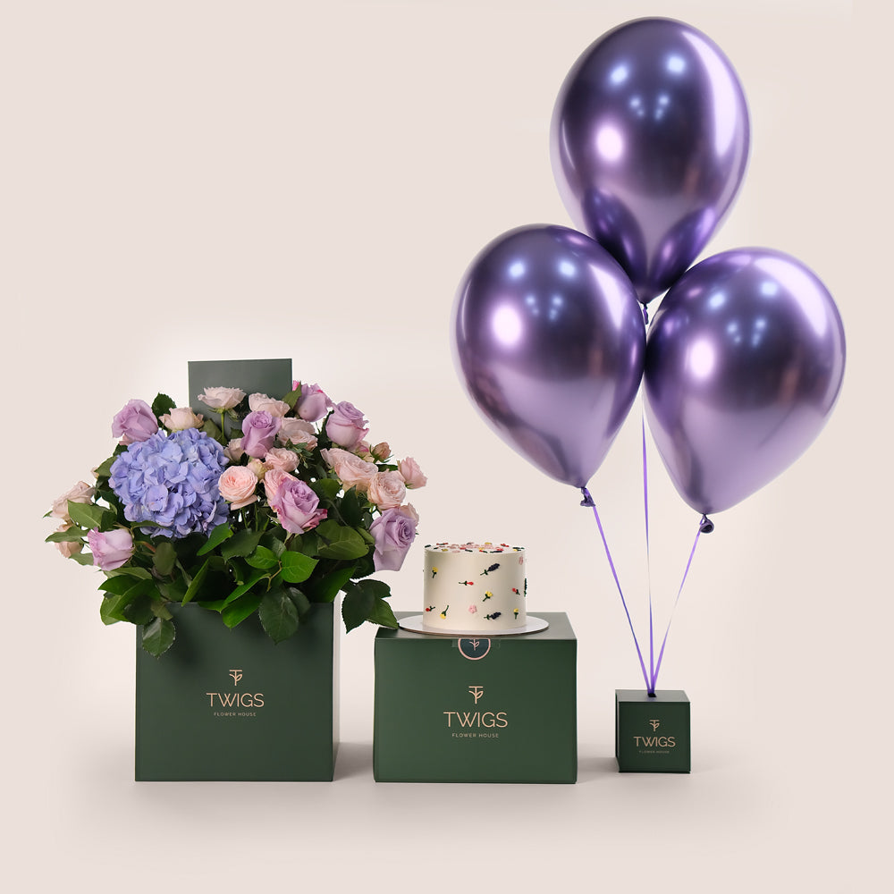 Pastel Celebration – Cube Box, Cake & Balloons Bundle – A Luxurious Trio of Beauty, Flavor, and Festivity