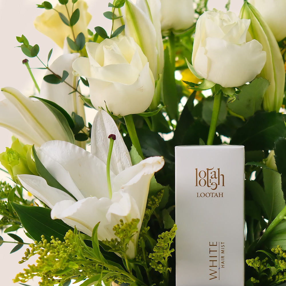 Deluxe Lilies Flower Box & Lootah White Hair Mist Bundle – A Symphony of Elegance and Refined Fragrance