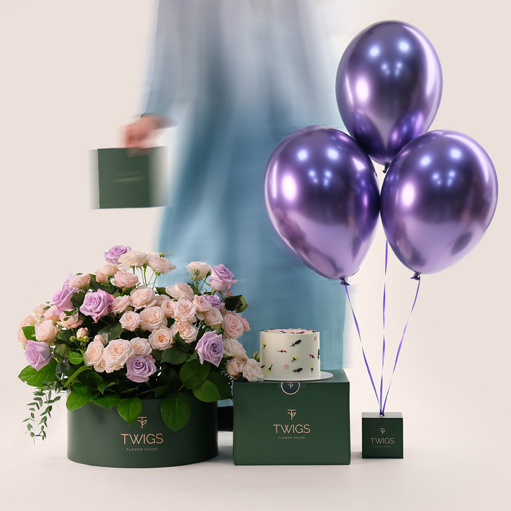 Grande Birthday Flowers Round Box – Cake & Balloons Bundle – A Luxurious Celebration of Blooms, Flavor, and Festivity