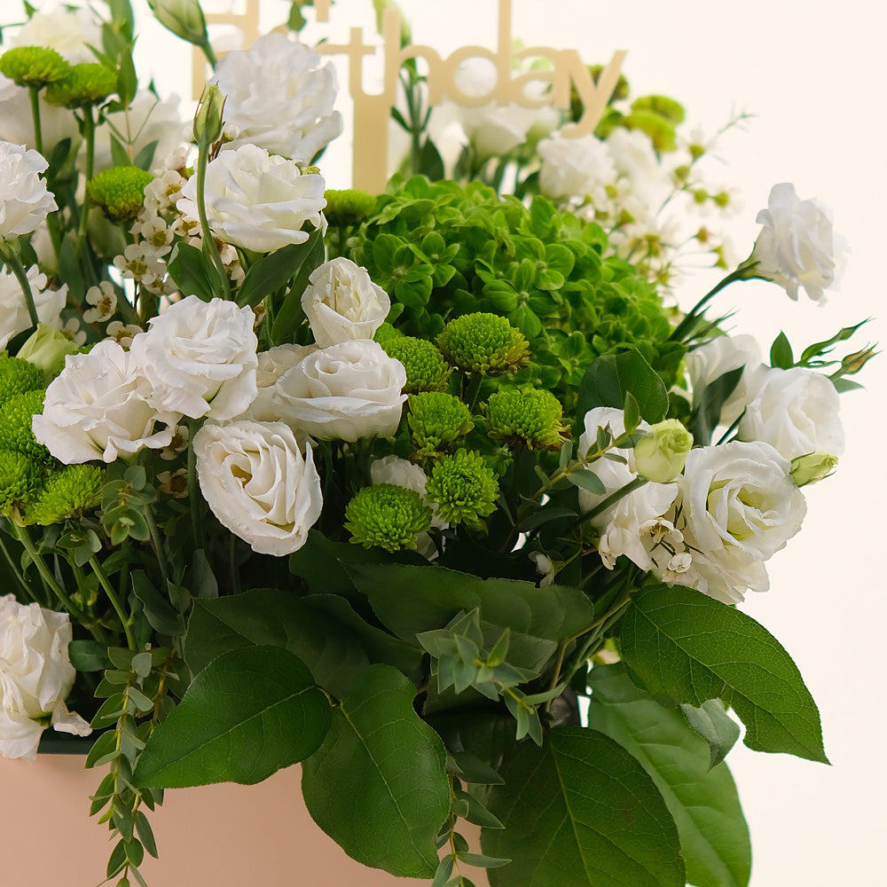 Elegant Flower Box with White Lisianthus & Green Blooms– A Refreshing Display of Elegance