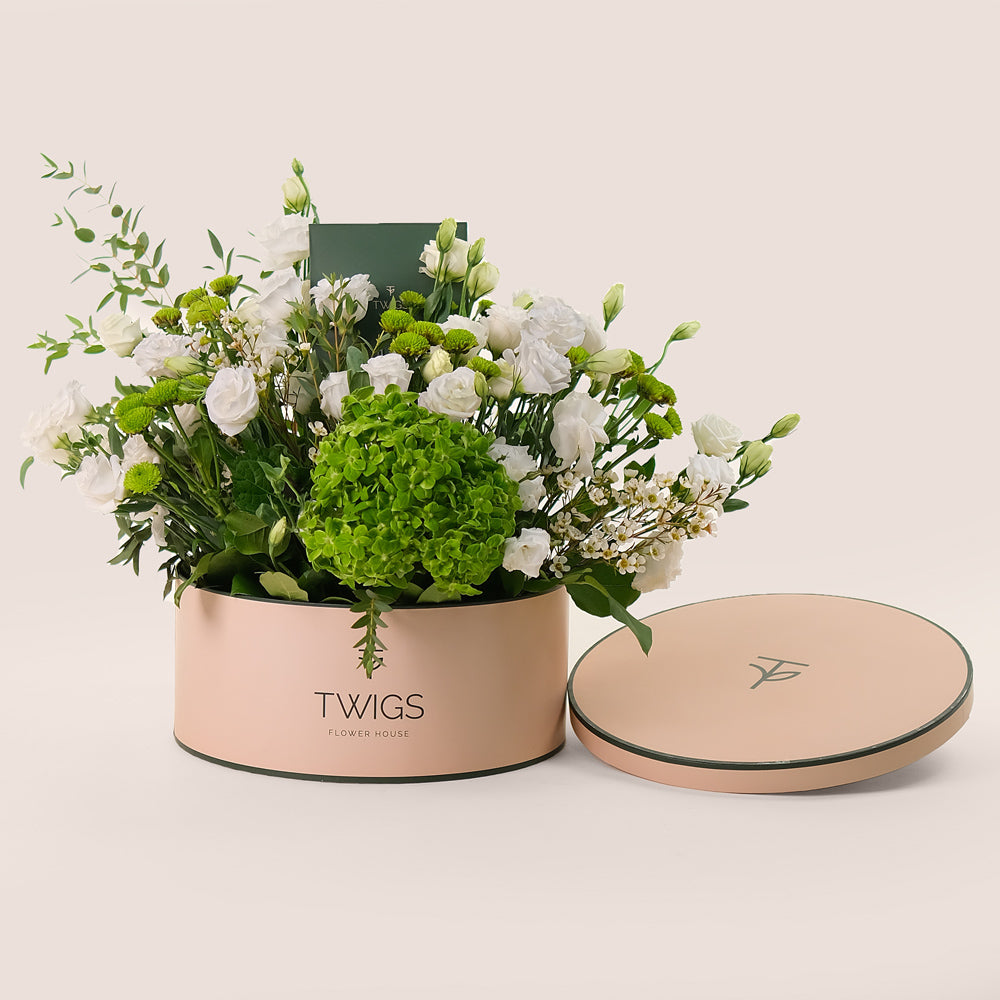 White & Green Blooms in Grande Round Box - Lisianthus & Hydrangea – A Grande Elegance