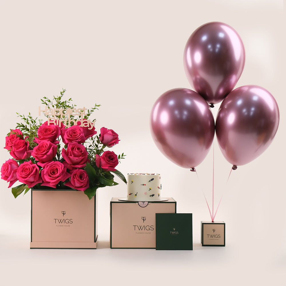 Fuchsia Birthday Celebration Bundle – Roses, Cake & Balloons– The Most Luxurious Full Experience