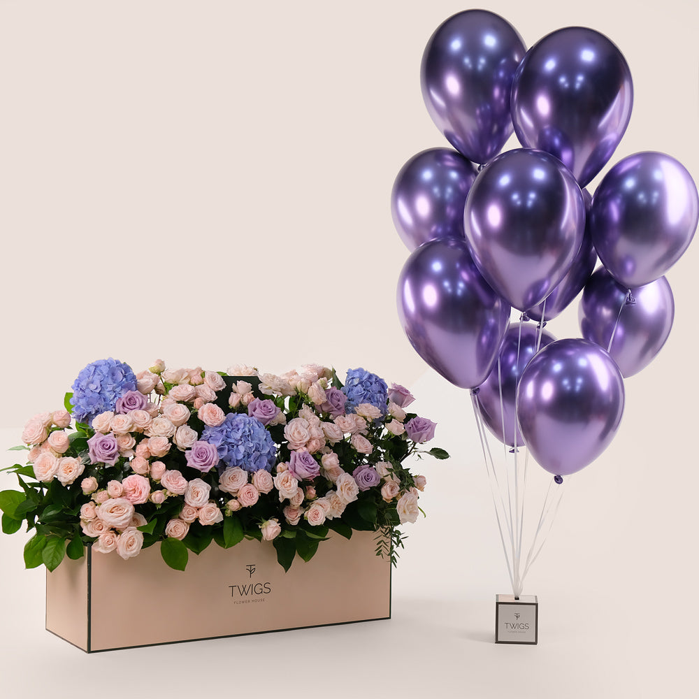 Garden Grandeur – Floral Box & Balloons Bundle – A Luxurious Floral Masterpiece for Every Celebration