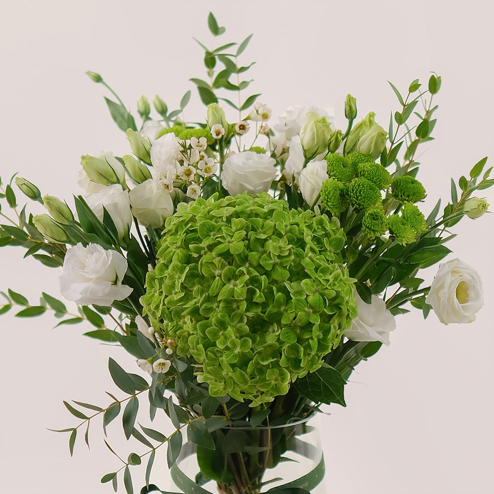 White Flowers & Green Blooms – Timeless Elegance in a Tall Vase