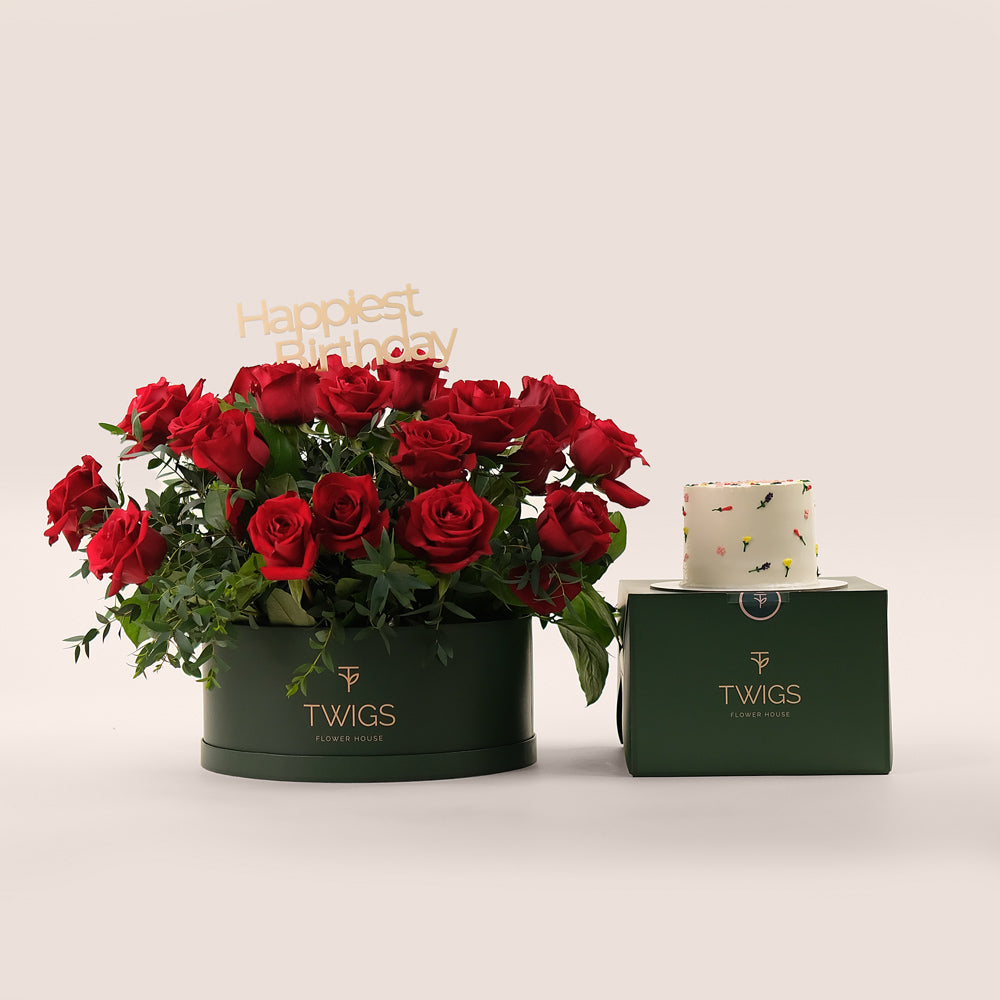 Grande Red Round Box Birthday Bliss – Roses & Cake Bundle– A Luxurious Gift for Memorable Celebrations