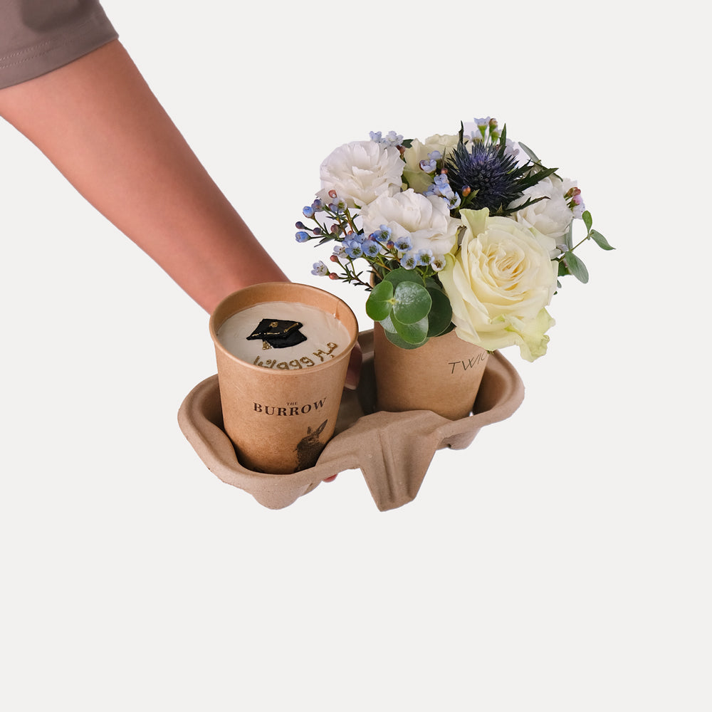 CHOCOLATE CUP CAKE  WITH WHITE  FLOWERS ARRANGEMENT