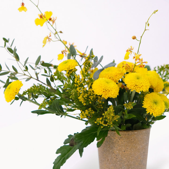 Chrysanthemums with Dancing Lady and Solidago Flowers in Vase