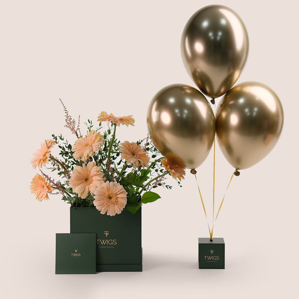 Peach Bliss – Gerbera, Astilbe & Balloons Bundle – A Sophisticated Celebration of Soft Elegance and Festivity