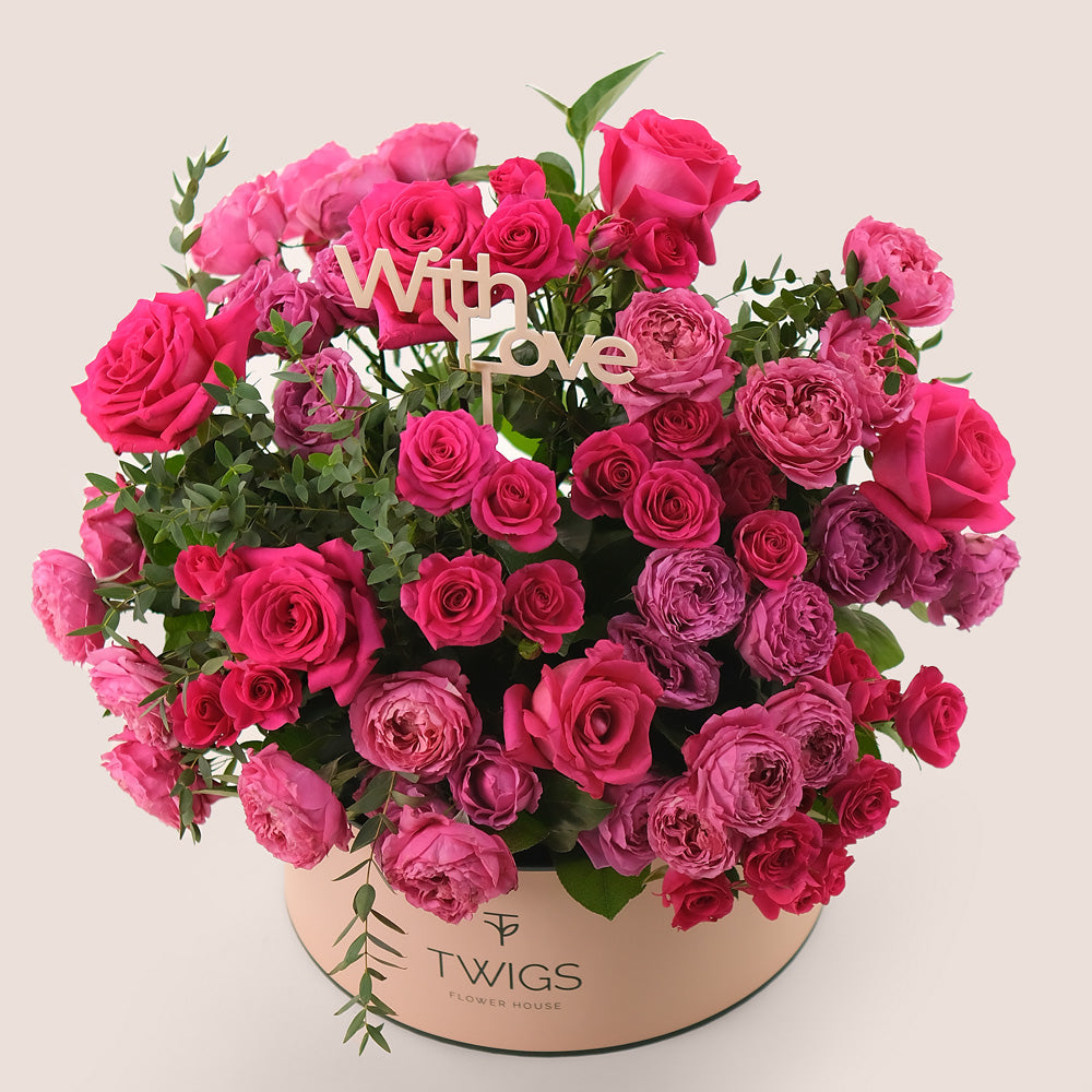 Grande Hot Pink Roses Round Box  TWIGS – A Stunning Gesture of Love and Elegance