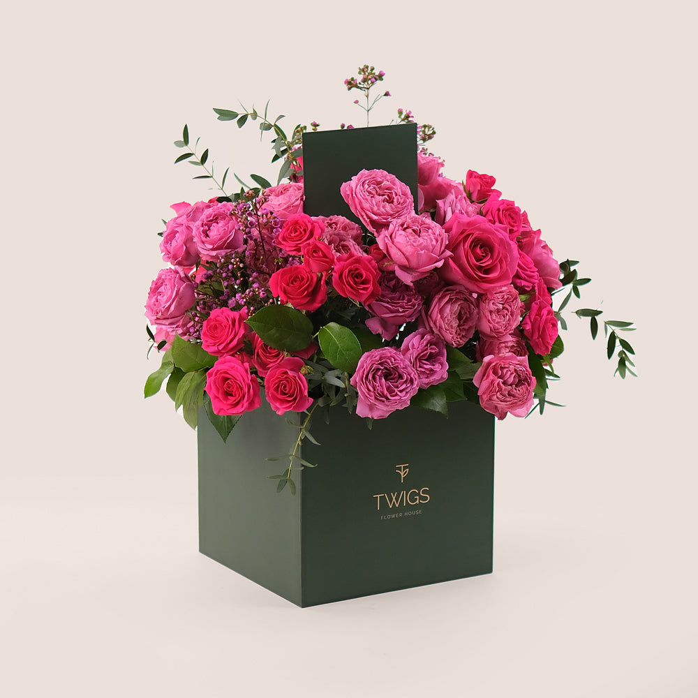 Fuchsia Delight – Square Box Bouquet of Fuchsia & Pink Roses